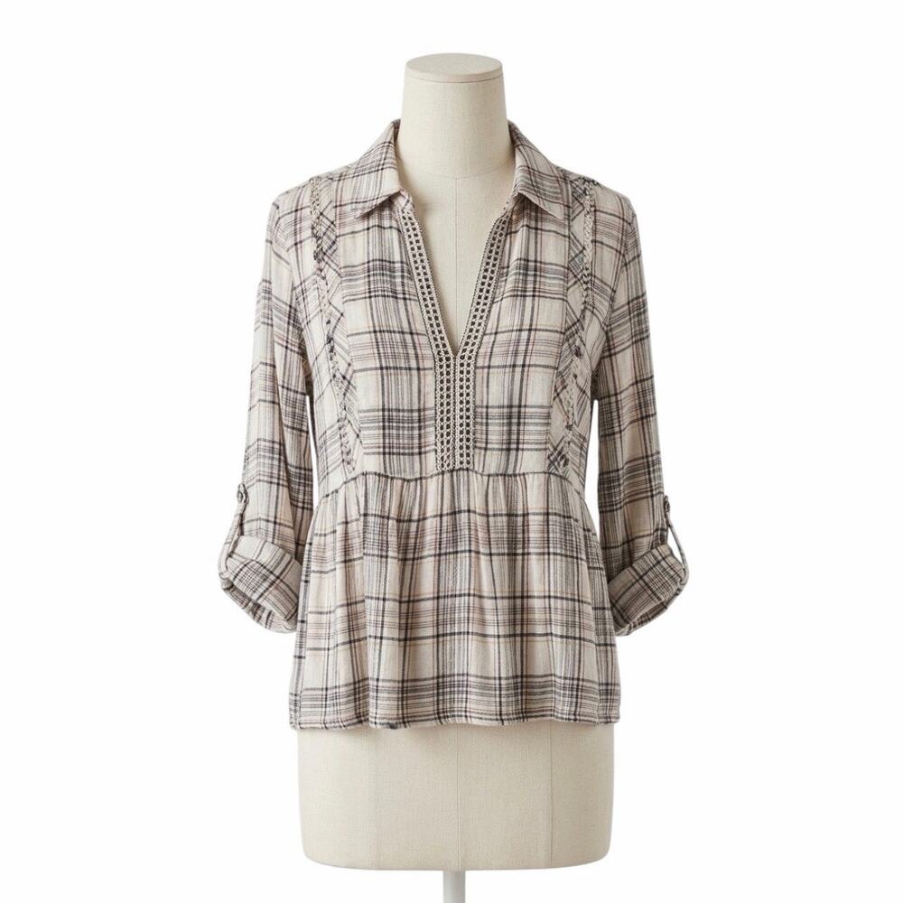Knox Rose Boho Plaid Popover Tunic Blouse Large Embroidered Babydoll Top
